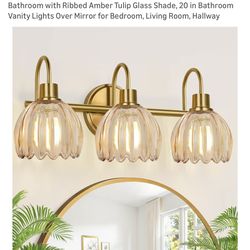 Gold Vanity Lights for Bathroom with Ribbed Amber Tulip Glass