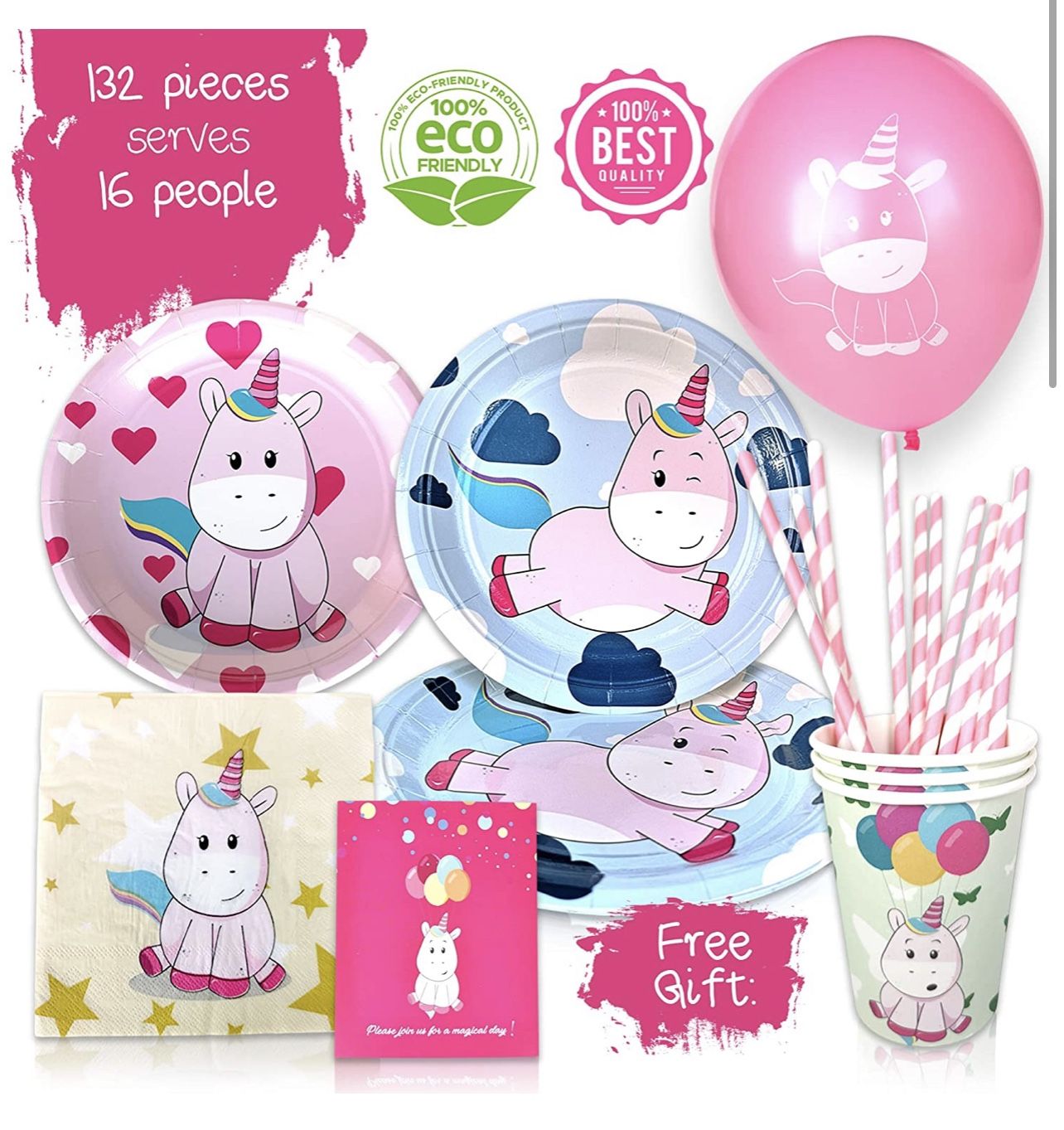 Unicorn Birthday Party Supplies – 132-Piece Decorations Set for Kids – Disposable Table Wear, Napkins, Plates, Cups, Straws – Includes Party Invitatio