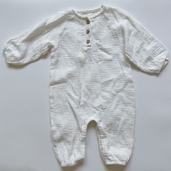 Baby Cotton Linen Long Sleeve Ruffled Bodysuit, 12M