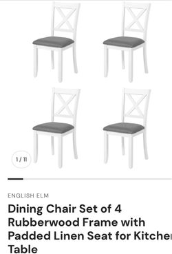 Dining Chair Set of 4 Rubberwood Frame with Padded Linen Seat for Kitchen Table