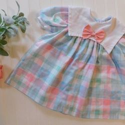 Vintage Coming Thing Girls 2T-3T Pastel Plaid Nubby Linen Dress