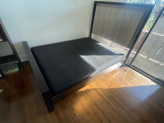 Dark Wood Bed Frame with Upholstered Headboard