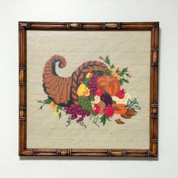 Wall Hanging Faux Bamboo Frame Cornucopia Needlepoint Embroidery Home Decor