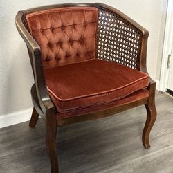 Vintage Wood & Cane Chair With Velvet Upholstery  27”D x 25.5”W x 30.5”T Seat height 18.5”  Price is firm, pickup in Rocklin - no holds