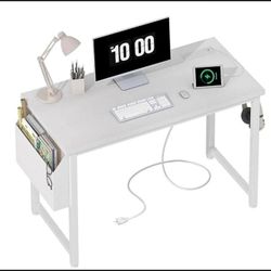 39 inch White Computer Desk with Power Outlet, with Charging Station Outlets Built in, White