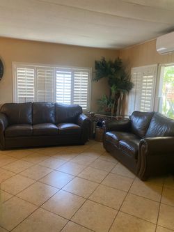 Dark Brown Leather Sofa and Loveseat Set