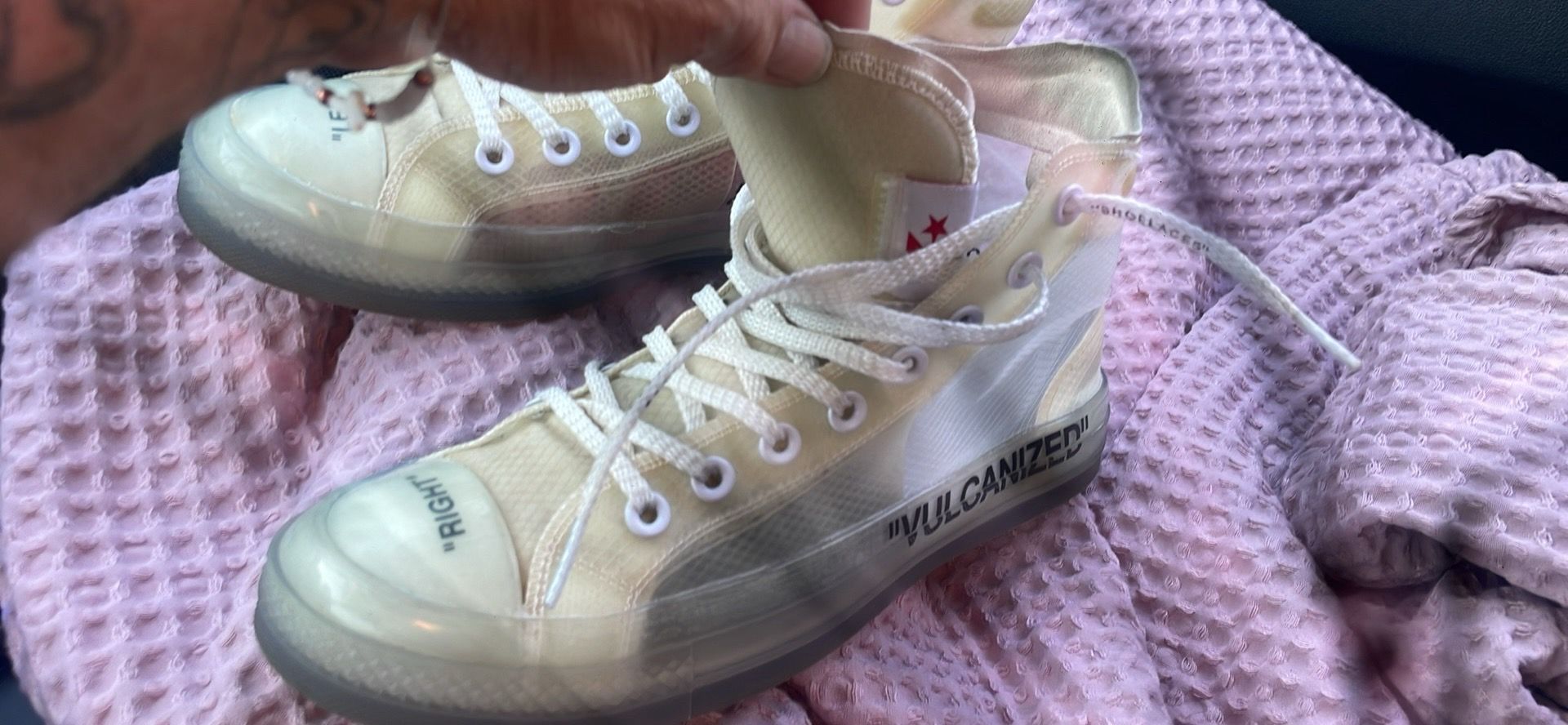 These are the translucent Off-White x Converse Chuck Taylor All Star 70 "The Ten" sneakers designed by Virgil Abloh in collaboration with Off-White an