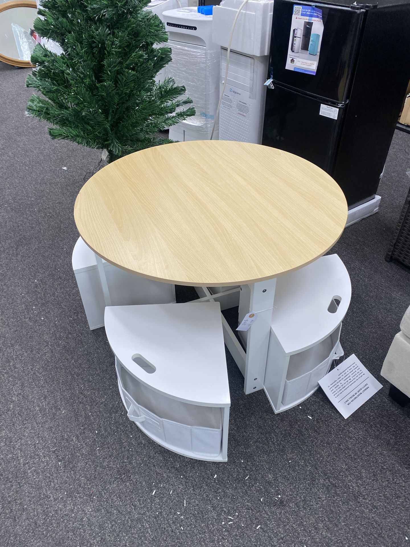 AS IS Minor Dent New Assembled Kids Table and Chairs, 5 Pieces Wooden Round Children Nesting Desk with 4 Storage Stools & 4 Fabric Drawers