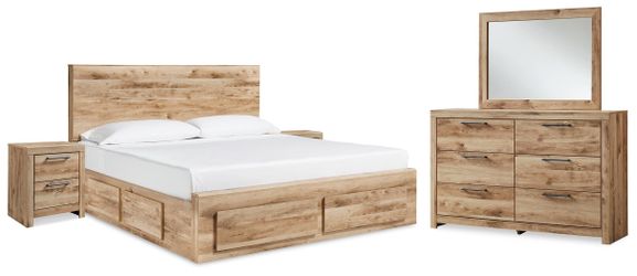 Hyanna Tan Brown Queen Panel Storage Bed, Dresser, Mirror and 2 Nightstands (Online Special Price)