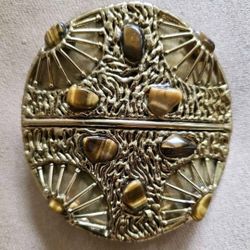 Vintage Luciano Large Round Brass & tigers eye Brutalist Belt Buckle handcrafted  1970's