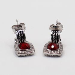 925 Sterling Silver Red Stone Pave Halo Drop Earrings Cushion Rope Detail Pair