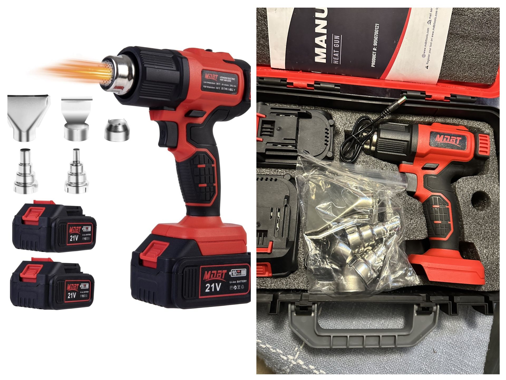 Heat Gun with Two 2.0 Ah Battery, 21V Cordless Heat Gun with 5 Nozzle,Max 1022℉ Hot Air Gun Kit for Shrink Tubing, PVC Wrap, Grafts