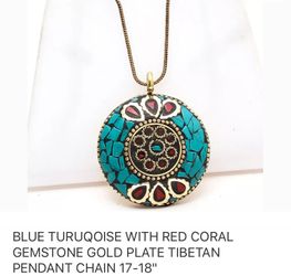 BLUE TURQUOISE WITH RED CORAL STONES, GOLD PLATE TIBETAN Large PENDANT with CHAIN 17-18"