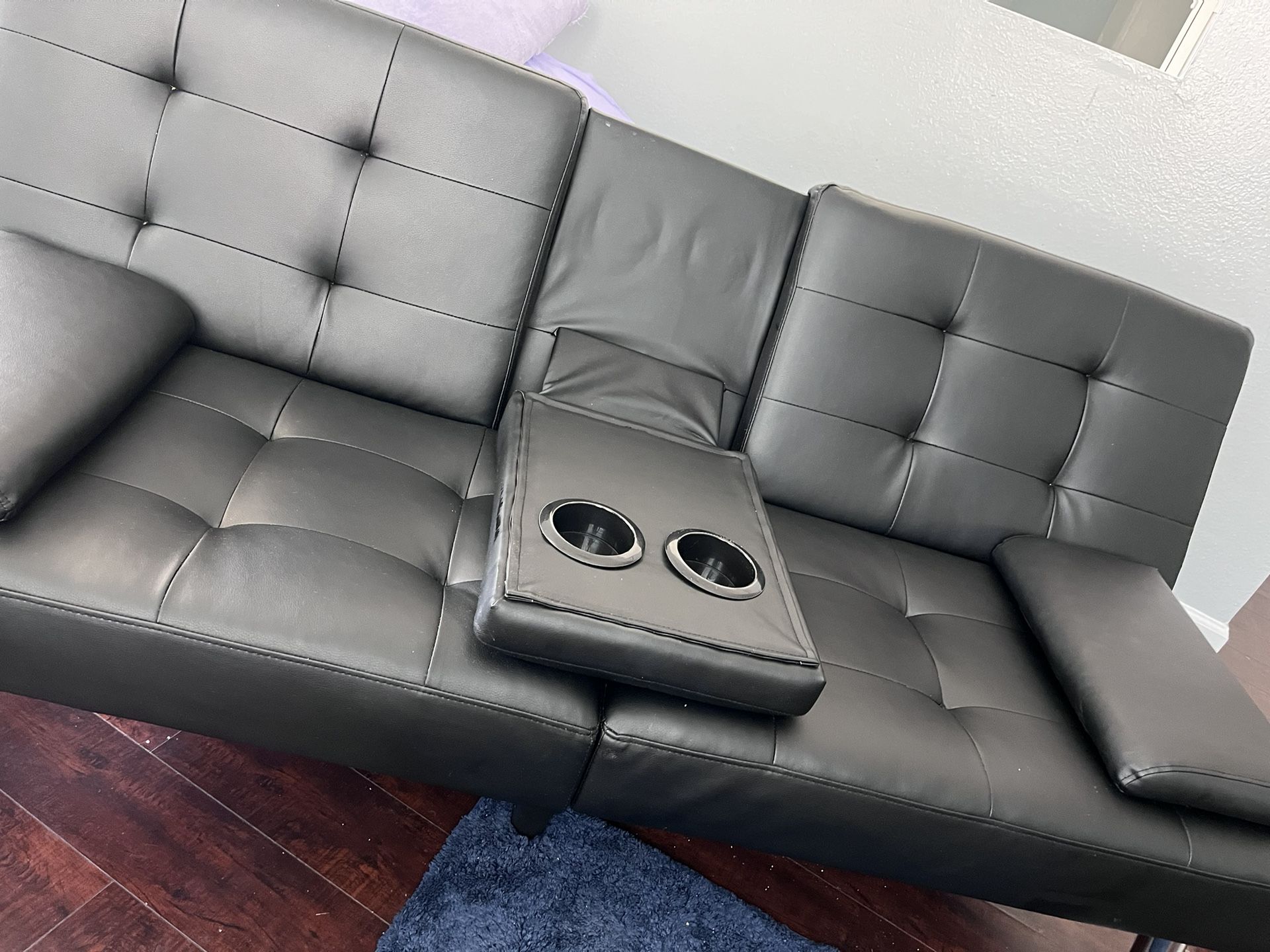 Black Leather Futon Sofa Bed w Cup Holders And Pillows