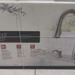 Kitchen Faucet Stainless Steel Single-Handle Pull-Down Sprayer with Soap Dispenser - New