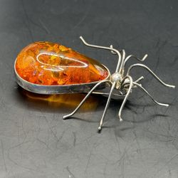 Statement spider shape Baltic Amber pin/ brooch sterling silver