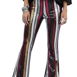 Sequin Flare Pants for Women Sparkly Elastic High Waisted Bell Bottoms Glitter Club Disco Party Trousers