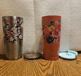 THE PIONEER  WOMAN SET OF 2  STAINLESS STEEL TUMBLERS  1.)NEW & 1.) PRE-OWNED WITH LIDS 