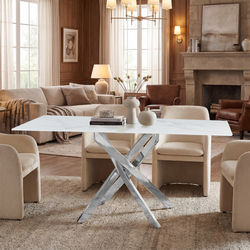 Vela 59" Modern Marble Top Rectangular Dining Table with Cross Chrome Base