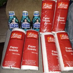 Mr clean clean freak multi surface cleaner and 6 rolls of paper towels