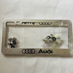 AUDI 4 RING LOGO Metal License Plate Frame Tag Holder with Caps NEW