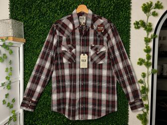 Men's western style long sleeve shirt, ELY Cattleman, plaid, pearl snap, size L, new with tags
