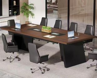 HL0196AB 8ft Conference Table, Modern Office Meeting Room Table with Cable Management, Large Business Seminar Furniture for Boardroom, Walnut and Blac