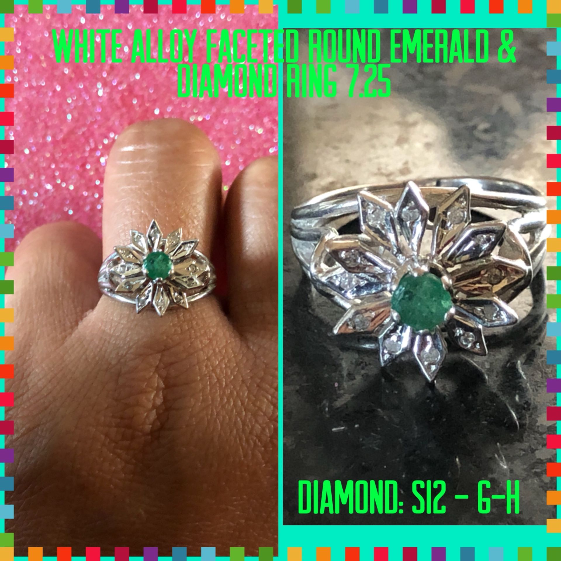 White Alloy Green Emerald & Diamond Flower Design Ring 7.25