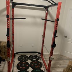 Home Gym  Rack with 260 Bumper Colors Plates, Olympic Barbell, Ez Barbell and Plastic Clips