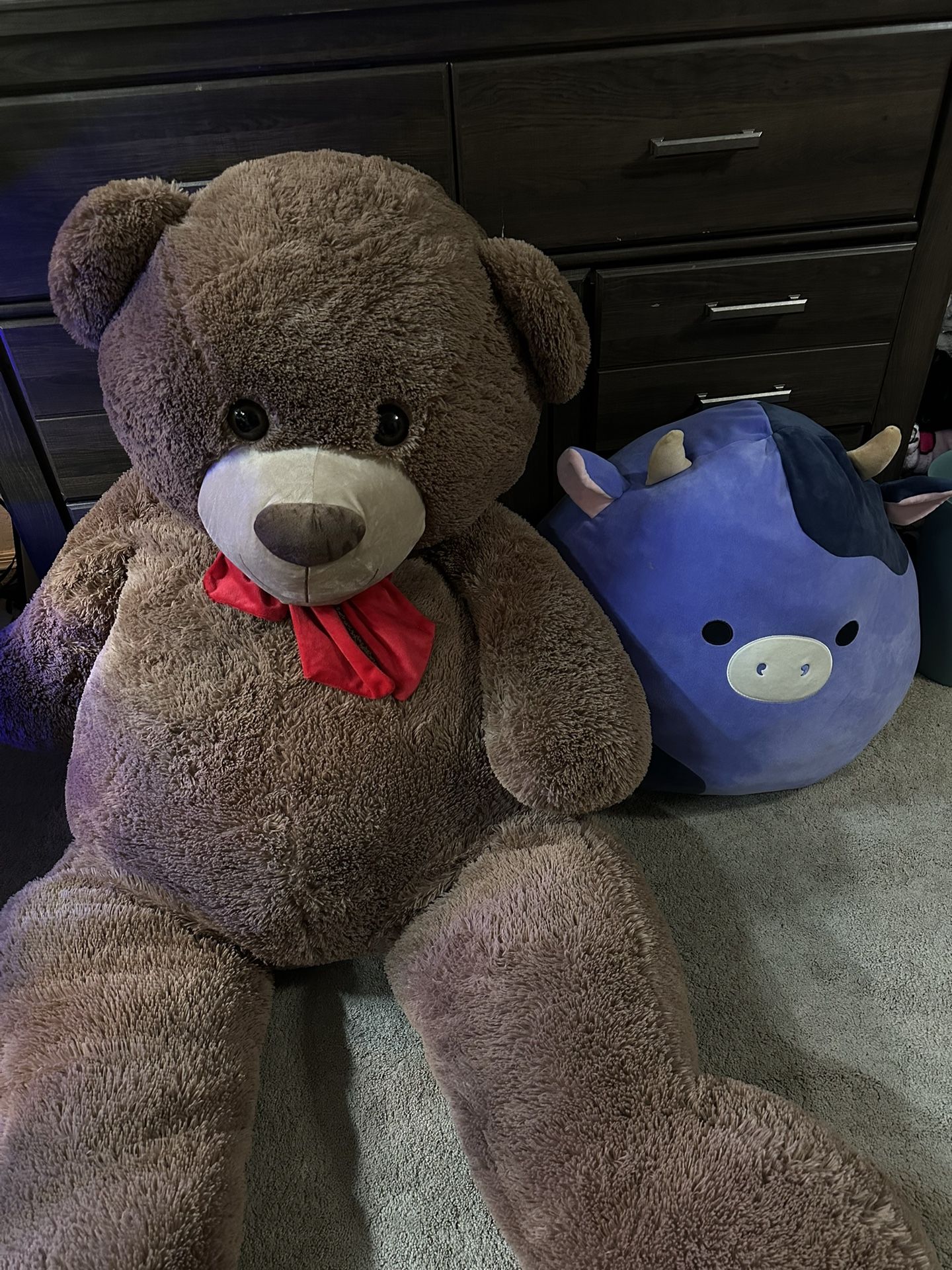 Huge bear stuffed animal and cow squishmello  