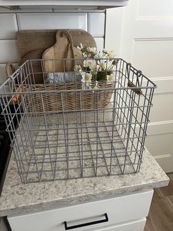 Metal gray storage bin with wood handles $12