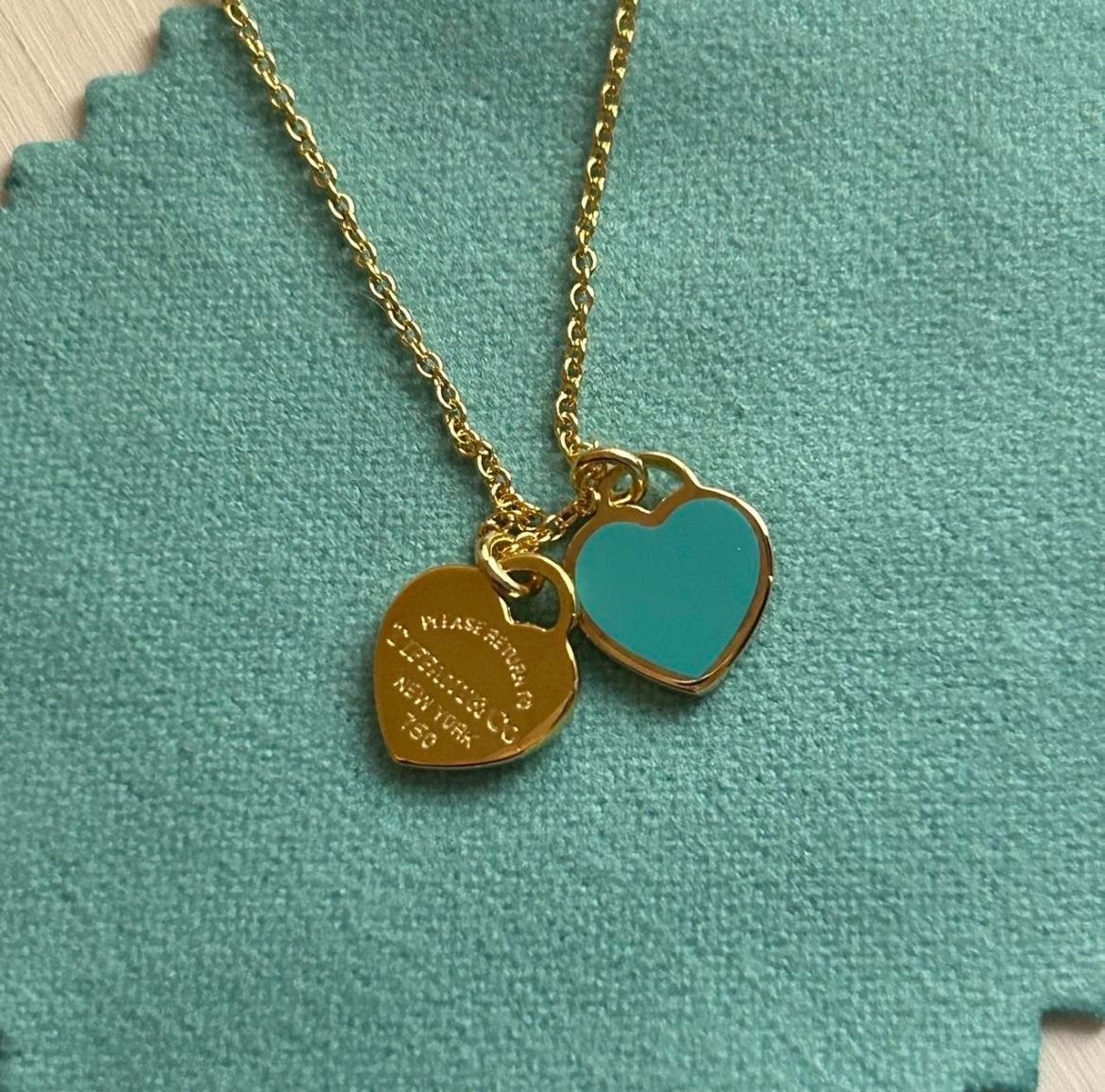 Tiffany & Co. Gold & Blue Mini Double Heart Tag & Rose Gold Necklaces