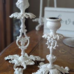Beautiful White Vintage Cast Iron Candle Holders~Rococo Style