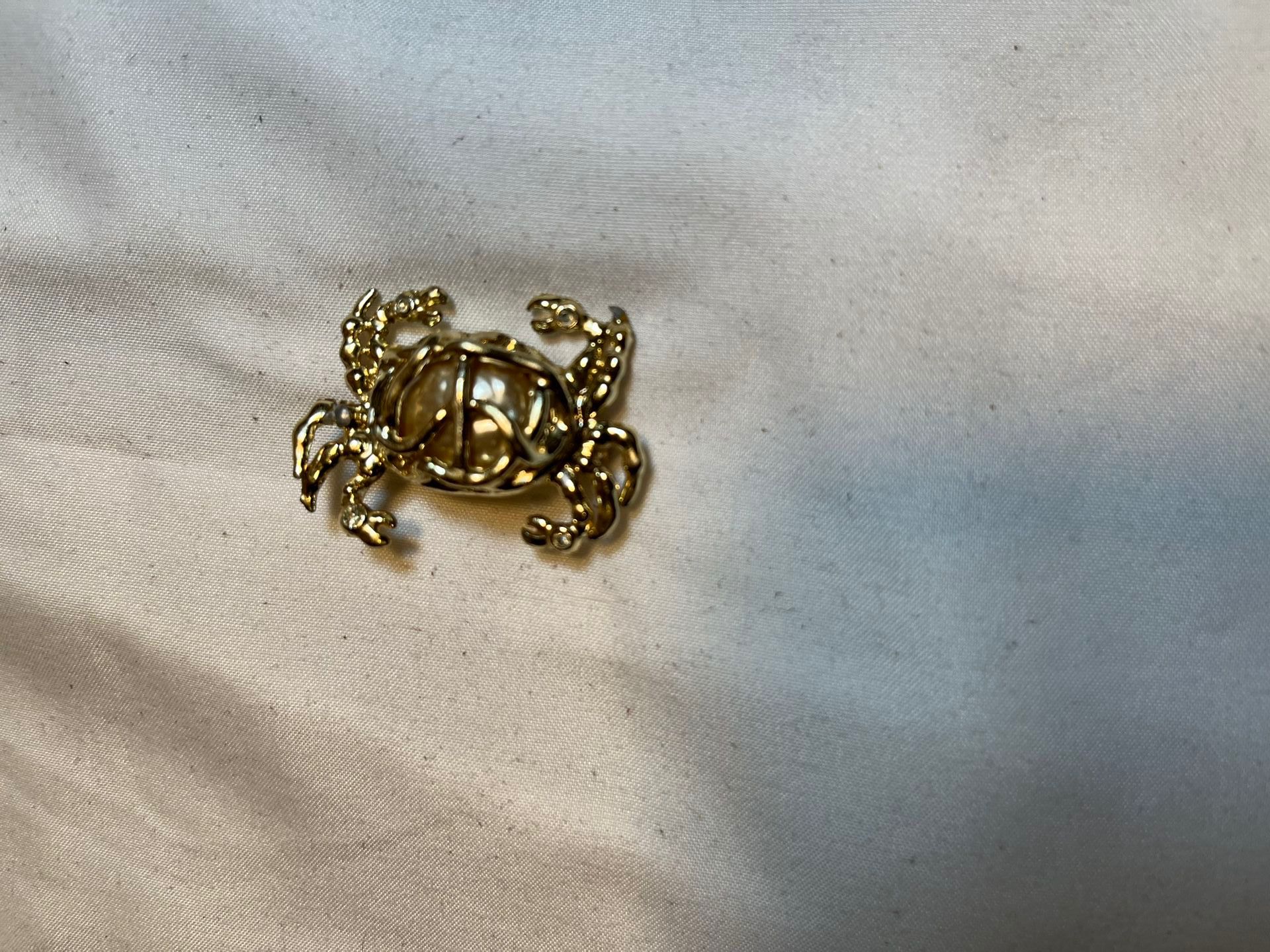 Gold Tone & Faux Pearl Crab Brooch