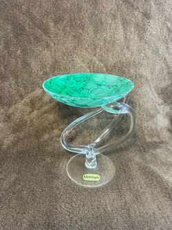 Michelangelo studio glass foot bowl green white 1990s