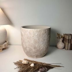 13.5" Minimalist Hand-Painted & Textured Planter Pot with Drainage Hole - Cream Sand Wash II