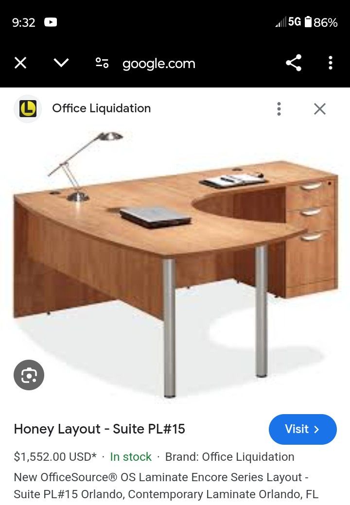 Office source L-shape honey maple laminate office desk with two honey maple laminate locking filing cabinets,