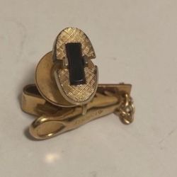Vintage Swank Gold Tone Tie Clip With Onyx Center Stone