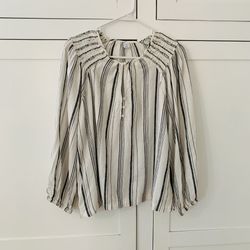 Old Navy White Gray Lines Linen Poet Button Front Puff Sleeve Blouse Size Large