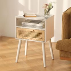 1 Modern Nightstand Rattan Side Table End Table with Storage Living Room Bedroom White Marble Boho  