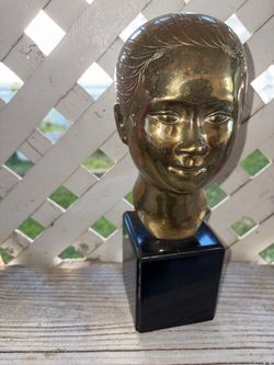 Brass Child Bust Sculpture on Black Base