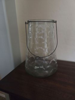 Tall Glass Lantern Jar with Wire Handle 17x7x10, heavy $10.00, new giftable