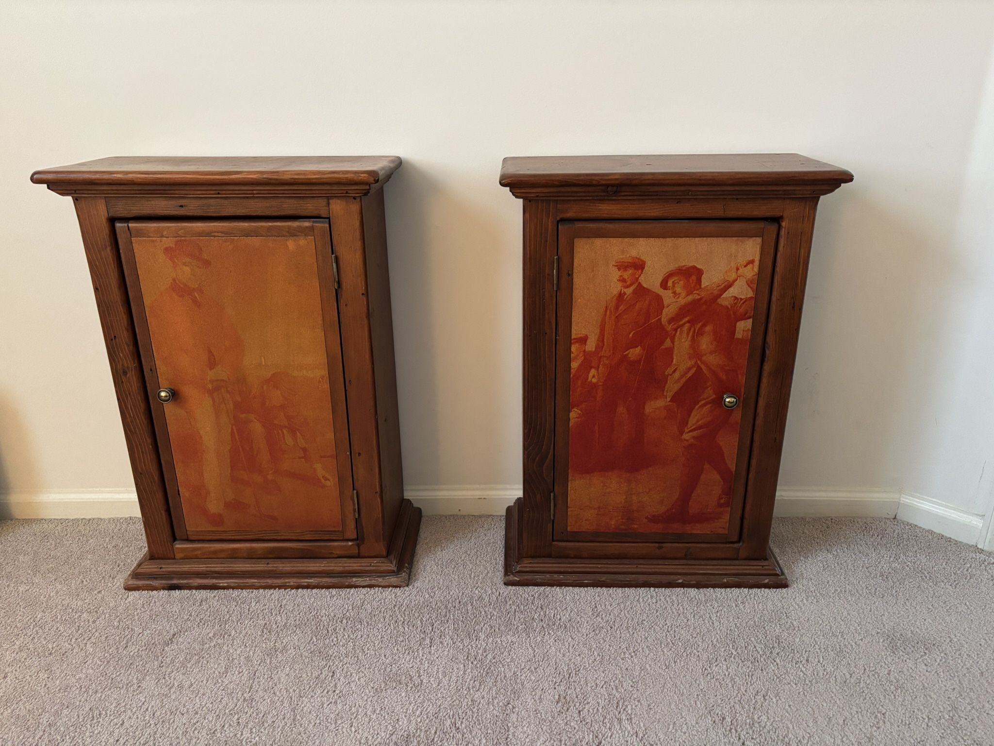 Antique Wood Cabinets, lot of 2, golf themed detailing on single door with knob, decorative base and top trim, 2 interior shelves, 20”W x 29”H x 10”D,