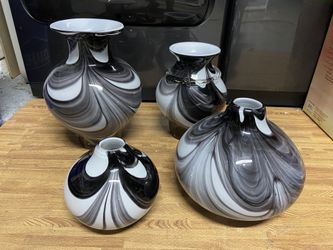 4 Black And White Hand Blown Glass Vases