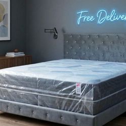King Size Bed Frame Velvet GRAY BED with Mattress And Box spring Set // FREE DELIVERY // 