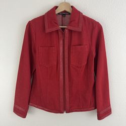 REVUE Vintage 90s Red Cotton Leather Trim Full Zip Biker Moto Jacket