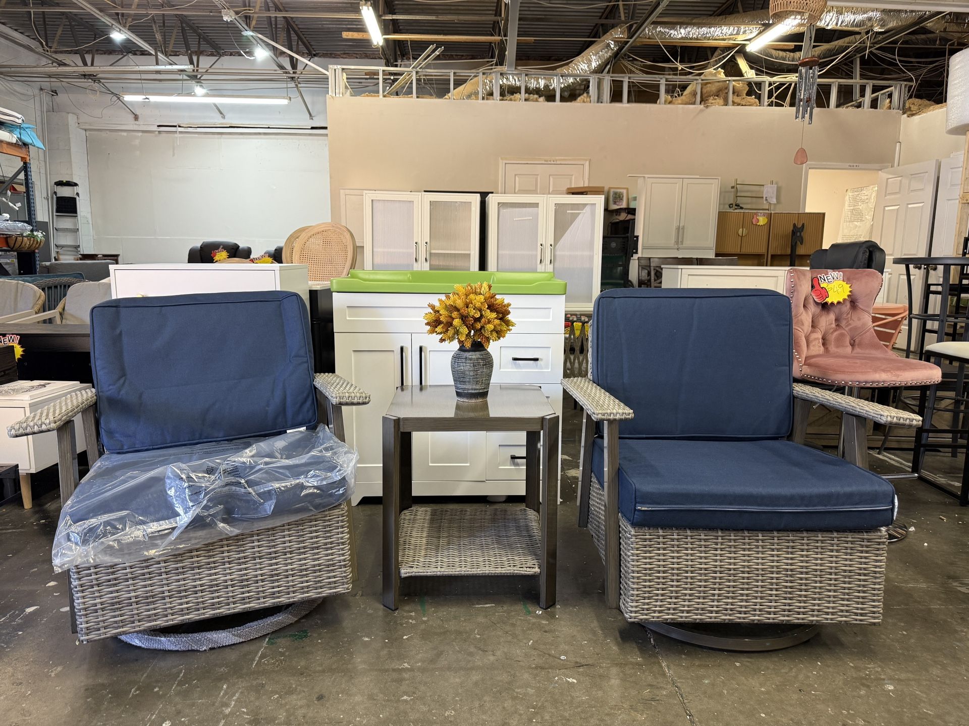 Brand new 3 Piece Outdoor Furniture Set, Bistro Set w/ 2 Patio Swivel Rocker Chairs and Side Table for Backyard, Garden and Balcony, Beige/Dark Blue