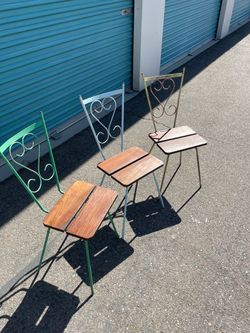 Set of 3 vintage wrought iron blue yellow green painted metal patio chairs heart-scroll backrest with wooden slat seat