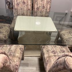 Vintage Glass-Top Dining Table with 6 Upholstered Chairs 