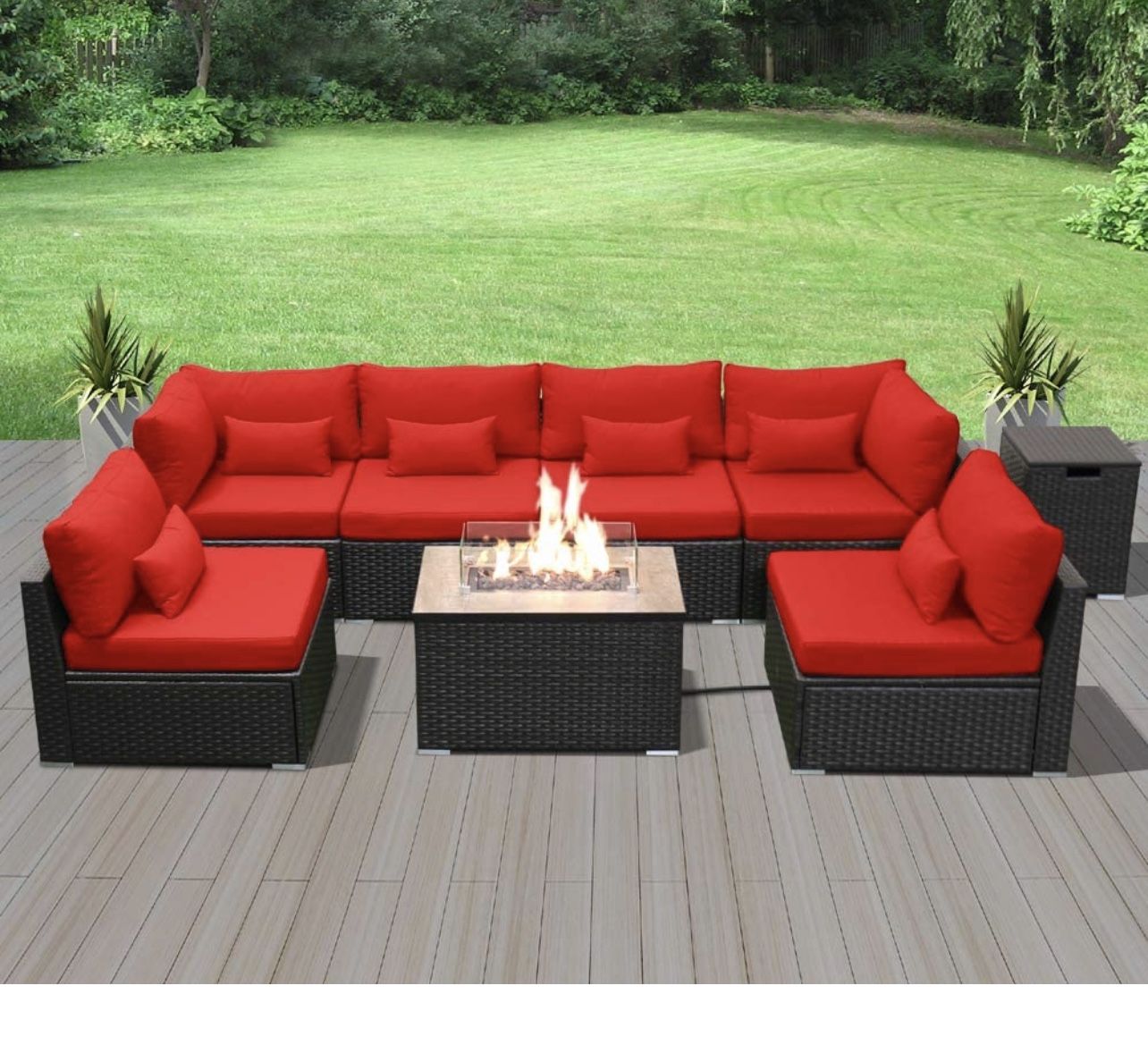 Patio Furniture Sectional Sofa with Gas Fire Pit Table Outdoor Patio Furniture Sets Propane Fire Pit (red-Rectangular Table)